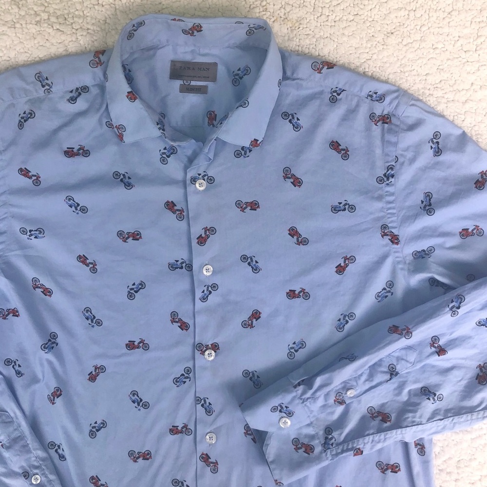 Zara Man shirt motorcycle print button down long sleeve slim fit men’s large